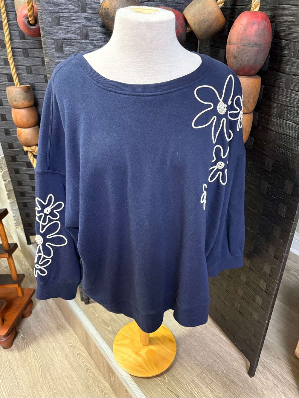 Cato Navy Pullover Sweatshirt with White Floral Appliqué